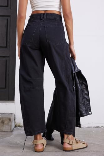 Mid Rise Barrel Jeans for Women Wide Leg Mid Waist Cropped Denim Pants Y2k Baggy Boyfriend Jeans with Pockets2