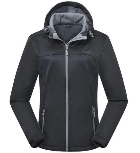 ATLASLAVA Damen Softshelljacke Wasserdichte Atmungsaktive Leichte Fleece Kapuze Übergangsjacke Laufen Wanderjacke BLACK M