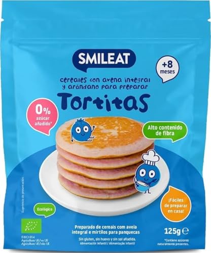Cereal de desayuno | Smileat - Preparado Para Tortitas De Avena Integral Y Arándano - Con Vitamina B1 - Sin Azúcar Añadido - Fáciles De Hacer - Para Peques A Partir De 8 Meses - 125g