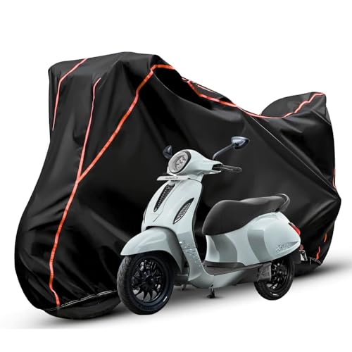 Image of Waterproof Bike Body Cover Compatible with Bajaj Chatak Dustproof Scratchproof - Motorcycle Cover for Two Wheeler, Outdoor Full Cover with UV, Duty, Rain Protection (Black & Red) R1