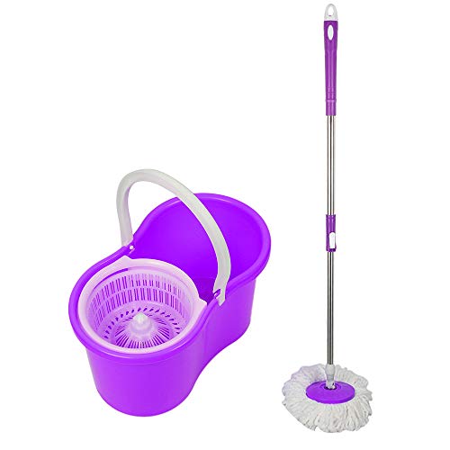 Ensemble Seau Essoreur et Balai à Franges en Microfibre, Seau Démontable et Vadrouille Magique Rotatif à 360°,Seau Double Compartiment(Violet)