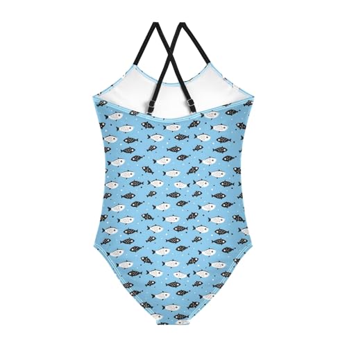 senya Girls Swimsuits One-Piece Swimwear Tie Bathing Suit Beach Summer Round Neck 9-10T Black White Fish Pattern2