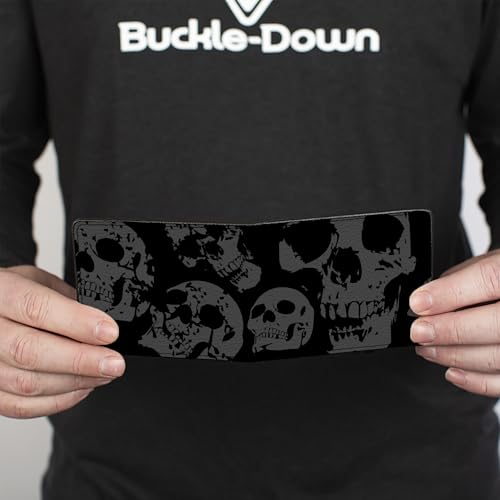 Image of Buckle-Down Men's Buckle-down Pu Bifold Bi Fold Wallet, Mutlicolor Black skull, 4.0 x 3.5 US