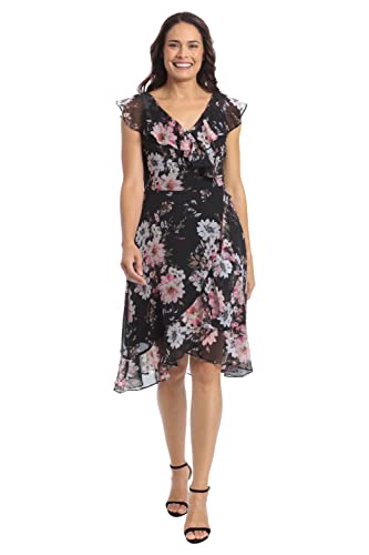 London Times Women's Petite Chiffon Above The Knee Ruffle Guest of Wedding Shower Occasion Dress