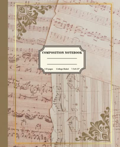 Composition Notebook College Ruled: Vintage Music Theme Aesthetic Journal For School Hobby & Crafts, Musical Notes Sheet Parchment Paper Design, Cream Brown & Gold
