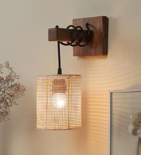 Image of AKWAY Rattan wall Lamps for Living Room | Bamboo wall Lights for Bedroom | Cane wall scones for Home Decoration (Bulb Not Included) (Rattan Square Webbing Hang)