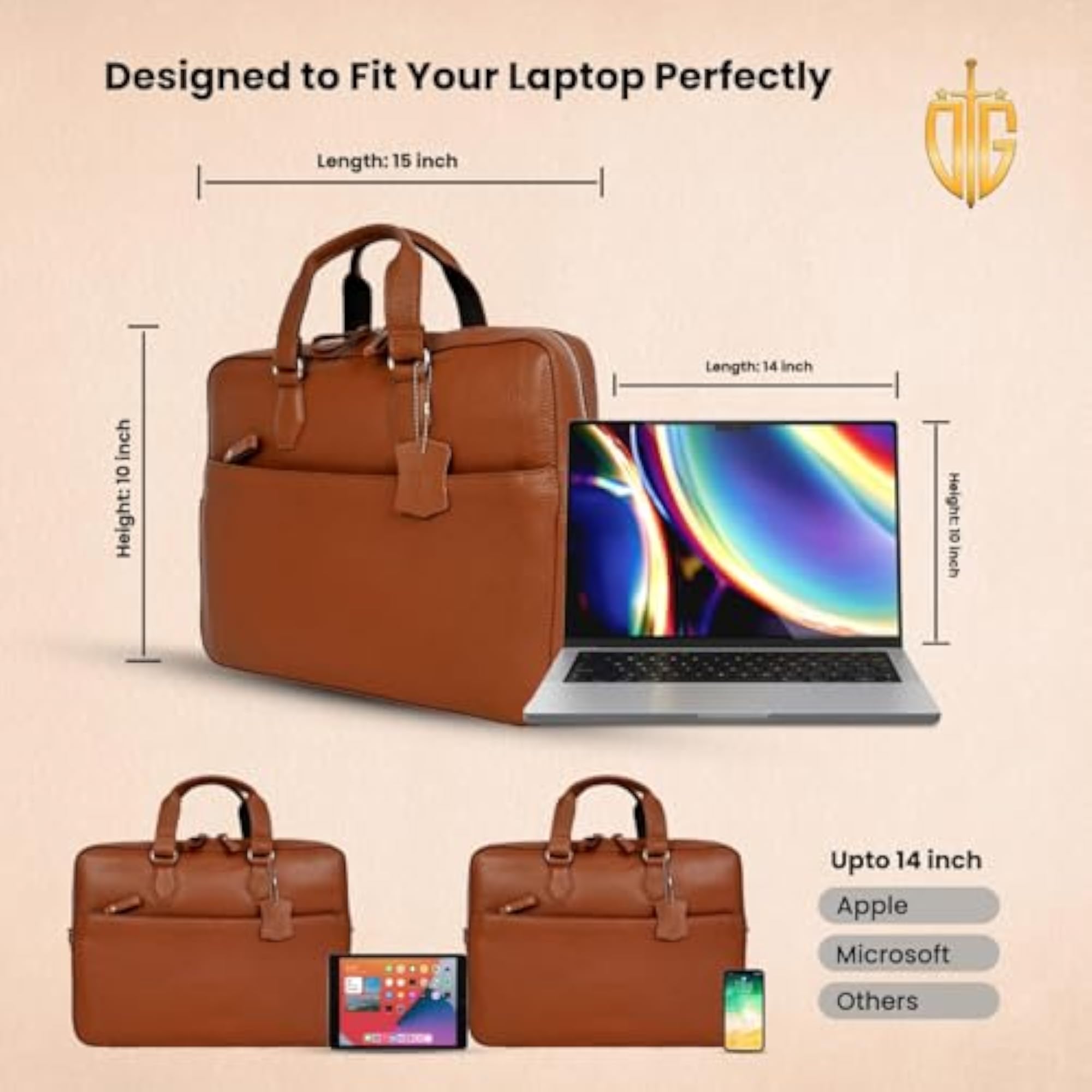 Genuine Leather Laptop Bag for Men, 15.6 inch