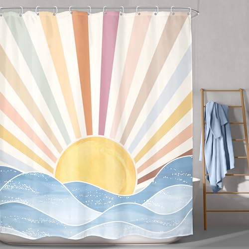 LGhtyro Boho Rainbow Sun Shower Curtain Bathroom Set 60Wx71H Inches Retro 70s Abstract Colorful Sunshine Sunrise Sunset Ocean Sea Waves Bath Accessories Aesthetic Art Home Decor Fabric 12 Pack Hooks by LGhtyro - Used condition - Image 2