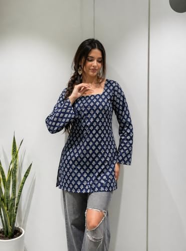 Image of SONISHA Women's Rayon Floral Print Short Kurti for Women Elegance Square Neck, Long Sleeves with Style Criss Cross Back Kurti, Top for Office Wear, Casual, Outdoor