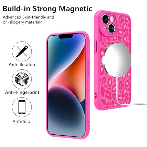 Image of KANGHAR Case for iPhone 14 Plus Hot Pink Leopard Printed Pattern | Cute Cheetah [Compatible with Magsafe] Protective Magnetic Case for Girls Women 6.7 inch