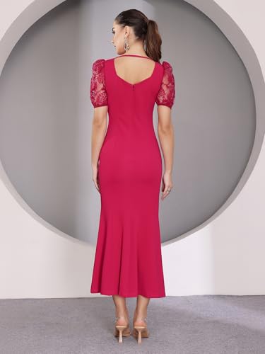 Image of Miss Chase Womens Bodycon Square Puff Sleeve Solid Lace Overlaid Ankle Length Dress