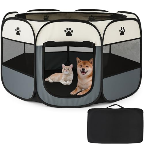 風織商社 ペットサークル 折畳み 犬 サークル 室内 91cm*91*58cm 猫 サークル 大型 八角形 ドッグハウス ペットサークル 屋根付き アウトドア 防災 猫 犬 ケージ 犬 サークル 折り畳み 室内 屋外 キャンプ メッシュサークル 頑丈 出産室 大型犬 小型犬 猫 レジャーシート 大判 (グレー, L, 8)