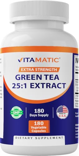 Vitamatic Green Tea Extract with Vitamin C, 25X Concentrate, 98% Polyphenols, 80% Catechins, 50% EGCG, 180 Veg Capsules