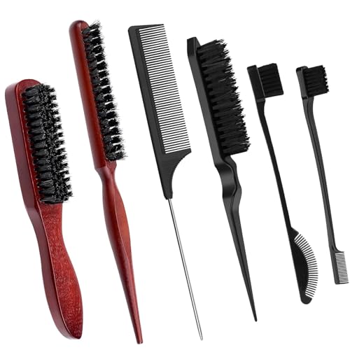 Peine Cerdas Jabali, 6 piezas Peine Cerdas y Cepillo Pelo Jabalí, Peine Cola Rata Peluqueria Profesional, Peine Clean Look, Cepillo Cardar Pelo, Peine de Cerdas y Peine, para Salones y Peluquerías