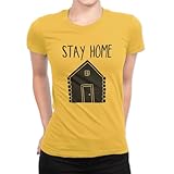 [igsticker] プリント Tシャツ レディース M size おしゃれ クルーネック 黄色 t-shirt 017526 メッセージ stay home 家