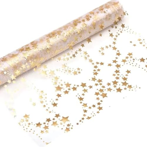 ZORVYN Runner da Tavola in Organza, Trasparente, Stelle Oro/Metallizzato, Elegante da Tavola per Natale & Avvento, Runner e Centrotavola Natalizio, Festiva per Occasioni Speciali (28 cm x 5 m) (Oro)