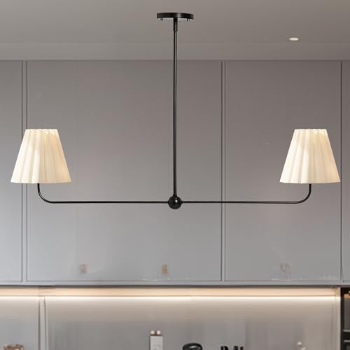 Mid-Century Modern 2-Light Linear Chandelier, Natural Conical Ivory Pleated Linen