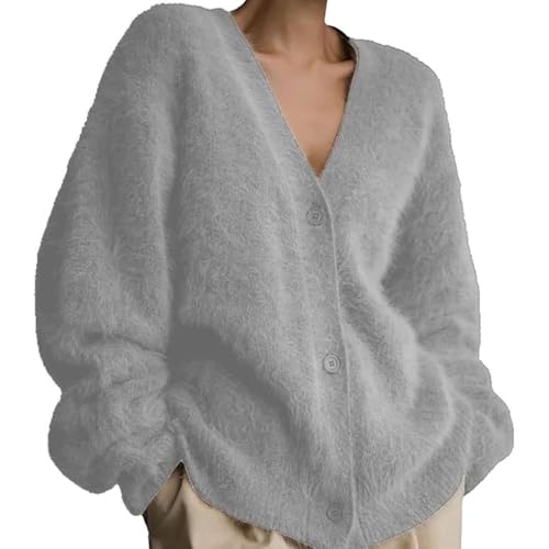 Pull mohair femme col V manches longues gilet tricoté gris taille L casual