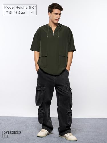 Image of The Souled Store Hooded T-Shirt: Olive Men and Boys Short Sleeves Hooded Neck Green Solid Cotton Oversized Fit Dual Front Flap Pockets Lightweight All-Season Comfortable T-Shirt