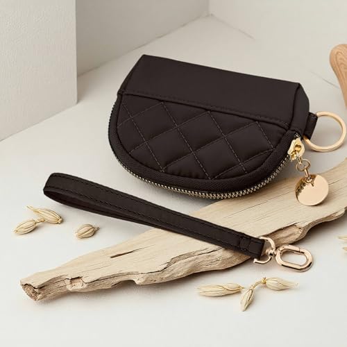 M-Plateau Quilted Nylon Coin Purse, Womens Small Wallet with Detachable Pouch Wristlet, Credit Card Holder with Zipper for Travel (Pure Black)2