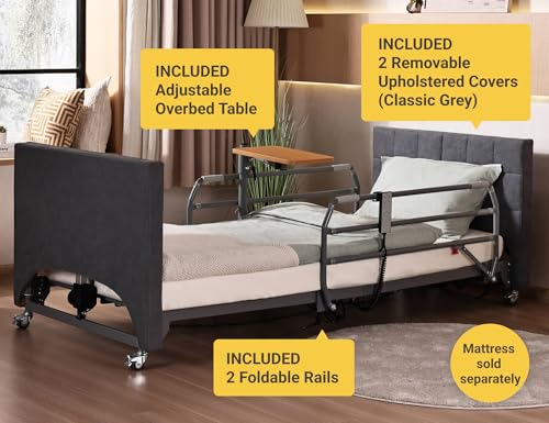 ARMONYO Electric Hospital Bed for Home Use – 5 Functions, Advanced German LIMOSS Motor, Ultra-Low 8.5"–25" Adjustable Height, Double Solid Wood Panels with Medical Overbed Table & Foldable Rails - Thumbnail 7