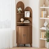 Pruchant Small Corner Cabinet with Sliding Door and Storage, Tall Corner Bathroom Cabinet for Kitchen, Living Room, Corner Shelf Display Storage Cabinet, Walnut