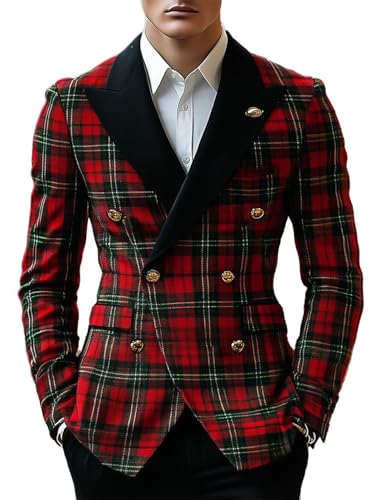 Manviss Ugly Christmas Suit Jacket for Men Red Plaid Tuxedo Dinner Blazer