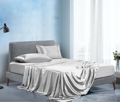 Image of Soft and Silk Satin Bedsheet for Single Bed - 400 TC Romantic Bedsheet Set for Bedroom | Bridal Wedding Bedsheet with Pillow Cover | Ideal for Gifting Silver Gray, Single Bed