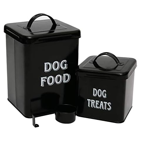 Morezi Pet Food and Treats Containers Set with Scoop for Cats or Dogs - Cream Powder-Coated Carbon Steel - Tight Fitting Lids - Storage Canister Tins - Dog Food - Black Cover