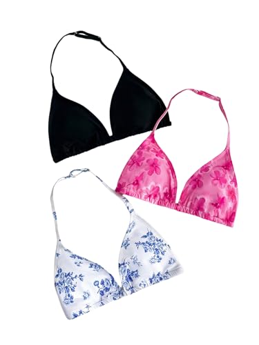Girl's 3 Packs Floral Halter Bikini Tops Wireless Padded Bathing Suit Tops Swimsuit Bras