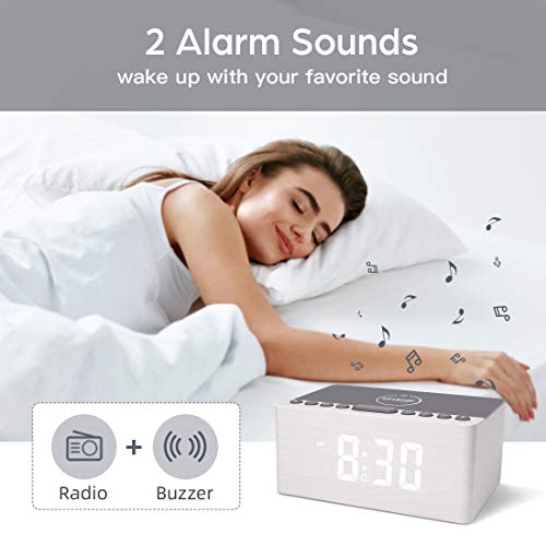 Anjank Wooden Digital Alarm Clock Fm Radio,10W Fast Wireless Charger Station For Iphone/Samsung Galaxy,5 Level Dimmer,Usb Charging Port,2 Wake Up Sounds,Bedrooms Sleep Timer,Wood Led Clock For Bedside #TOP5