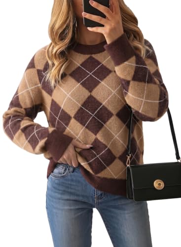 Pink Queen Long Sleeve Plaid Womens Fall Sweaters 2026 Trendy Outfits Brown