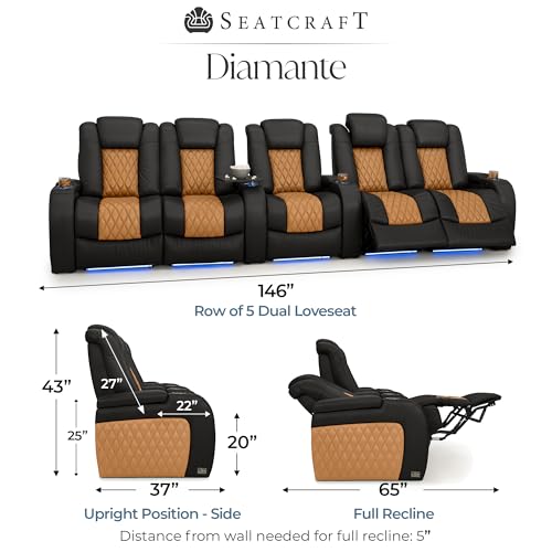 Image of Seatcraft Diamante Black /Tan Oak Italian Leather Home Theater Seating, Zero Gravity Power Recliner, Gaming and Home Office Chair, Powered Headrest Furniture for Cinema Room, Row of 5 Dual Loveseats