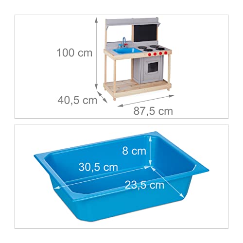 Relaxdays Matschküche, Kinder, mit Spülbecken, Herd & Ofen, Outdoor Spielküche, HBT: 100x87,5x40,5 cm, Holz, Natur/grau – Bild 5