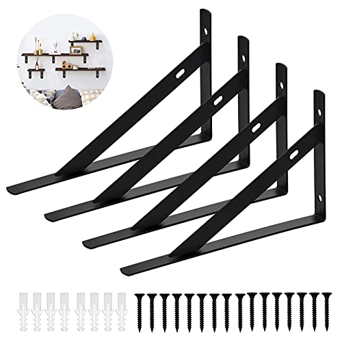 Komoyo 4pcs Equerre Etagere Murale, Supports Triangulaires de 90 ° en Acier, 190mm x 118mm Support Noir Fer Forgé Style, Support d'étagère avec Vis et Chevilles Pour Étagère Tablette Murale en Bois Cover