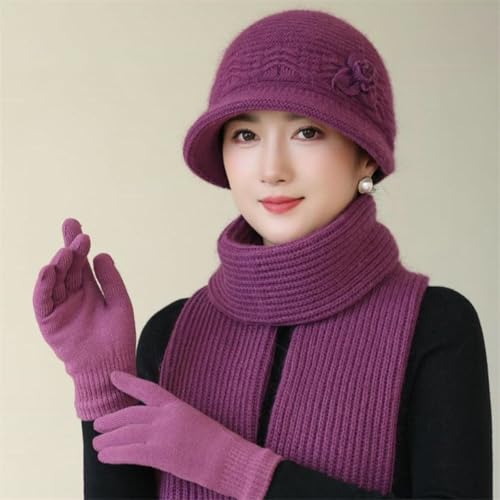Set de gorro bufanda y guantes de invierno de lana para mujer violeta 3