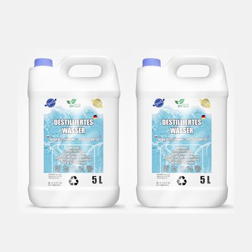 Agua destilada 100% pura 10L | Agua desmineralizada 2x5L – agua destilada apta para plancha, humidificador, baterías y mucho más