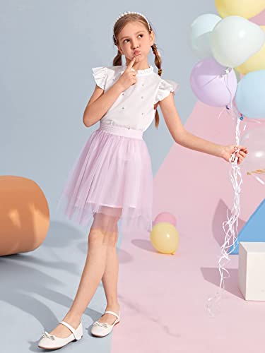 Oyoangle Girl's Summer Pearls Beaded Ruffle Cap Sleeve Keyhole Blouse Tops Shirt White 10Y #TOP3