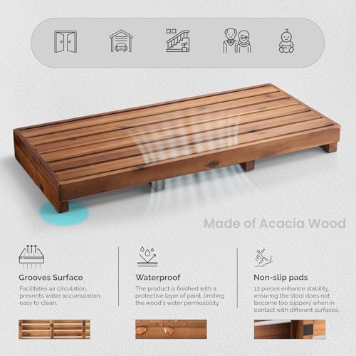 Image of Carpentray One Step Stool for Elderly (35 inch Length) - Acacia Wood High Riser Step Stool with Non-Slip Pads - 550 Lbs Wooden Mobility Stepping Stools for Handicap, Bed, Bathroom, Kitchen (Brown)
