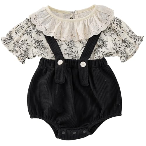 2-Piece Baby Girl Outfit - Long-Sleeve Peter Pan Collar Top & Suspender Romper for Outdoor Wear
