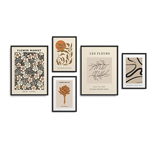 Homepack Set Of 5 Minimalist Boho Style Framed Prints On Mdf Printed Wall Art Painting Home Decoration For Living Room Office 2 Piece Of 12X16Inch, 3 Piece Of 8X12Inch (Black Laminated Frame) #TOP2