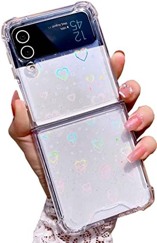 Shinymore Galaxy Z Flip 4 Love Heart Case, Cute Clear Laser Glitter Silicone Holographic Love Heart Pattern Slim Protective Shockproof Girls Women Case for Samsung Galaxy Z Flip 4