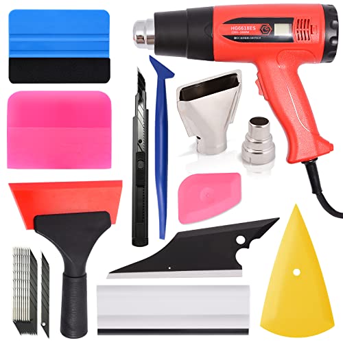 Gomake Window Tint Tools Set with Heat Gun, Car Wrapping Kit Vinyl Wrap Tool Window Tint Protective Film Installing Tool with Felt Squeegee, Wrap Stick /Rubber /Corner/Hard Card Squeegee