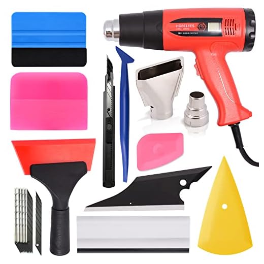 Gomake Window Tint Tools Set with Heat Gun, Car Wrapping Kit Vinyl Wrap Tool Window Tint Protective Film Installing Tool with Felt Squeegee, Wrap Stick /Rubber /Corner/Hard Card Squeegee