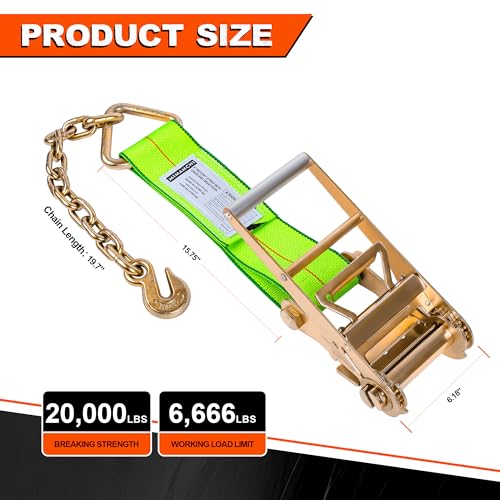Mimanchi 4 Inch Heavy Duty Ratchet Straps with Chain Anchor (2-Pack) – Short Tie Down Straps for Flatbed Trailers, Trucks & Car Haulers – Replacement Chain Extension End with Grab Hook by Mimanchi - Image 2