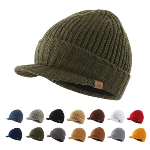 Magracy Men's Winter Knit Visor Hat Outdoor Thick Peaked Beanie Hat with Thermal Lining Amy Green