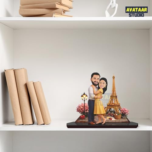 Image of Wood Rectangular Personalized Caricature Gift for Couple, 7 Inches, Tabletop Multicolor, Art Deco Style (Couple 11)