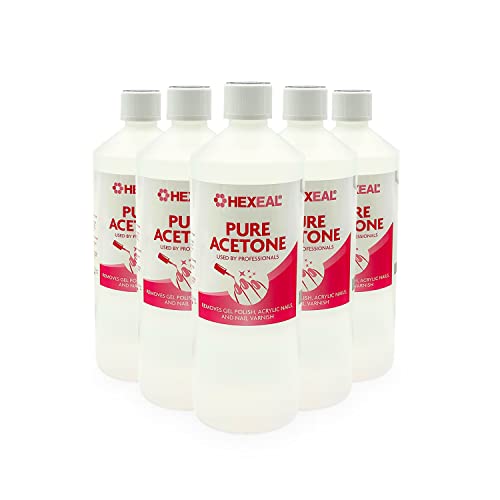 Hexeal Pure Acetone 5L 5 x 1L Bottles of 99.5% High Strength Acetone for Nail Polish & Nail Varnish Removal Professional Quality Gel Polish & Acrylic Soak Off & Removal