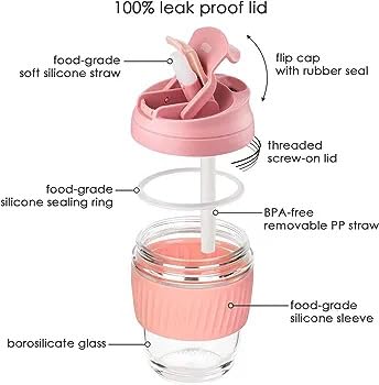 Image of KHOLAD Reusable Glass Coffee & Juice Mug Shaker with Lid & Straw Pack of 1, Thick Glass Tumbler 350ml, Anti-Slip Silicone Band, Leak-Proof Travel Cup Sipper Bottle for Hot & Cold Drinks (Small Shake)