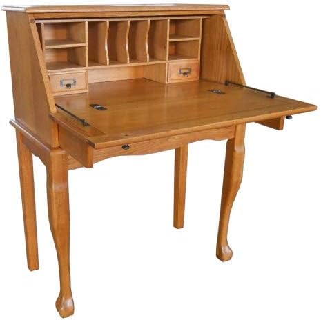 Secretary Desk Solid Oak Wood Drop Front Desk with Drawer Sturdy Curved Cabriole Legs 32" W x 29" D x 41.5" H Laptop Desk Harvest Finish Home Office, Kitchen, Family Room, Bedroom